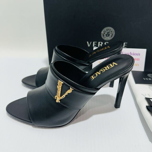 Versace Virtus Size 38 US 8 Black Leather Mule Heel Sandals NIB $900 - Picture 3 of 8